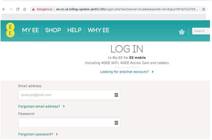 Spoofed EE login page