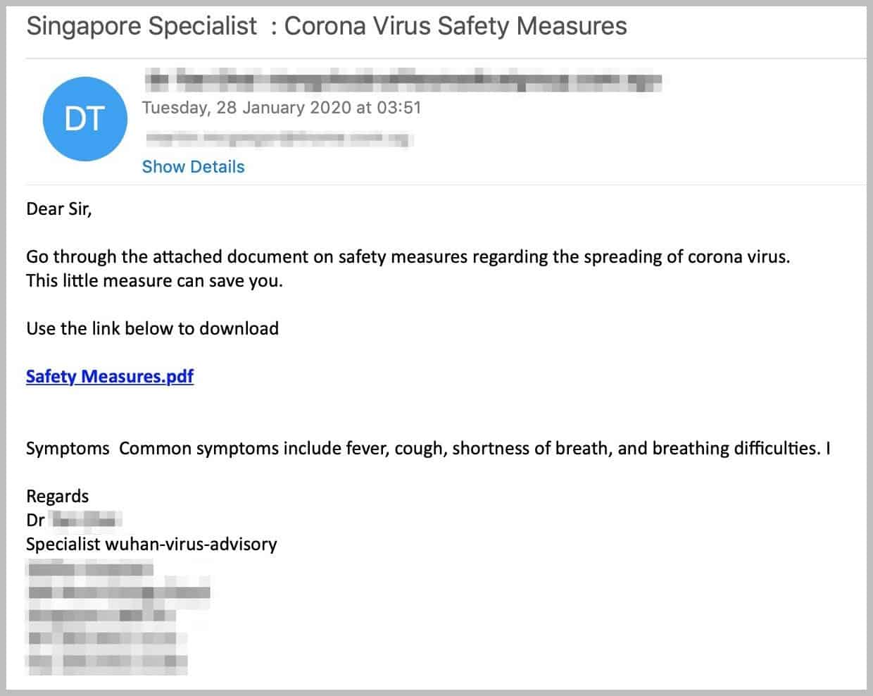 Correo electrónico de phishing con coronavirus