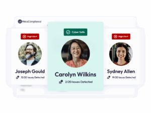 Formazione sulla sicurezza per i servizi finanziari: Profili dei dipendenti che mostrano lo stato di sicurezza informatica e i problemi rilevati