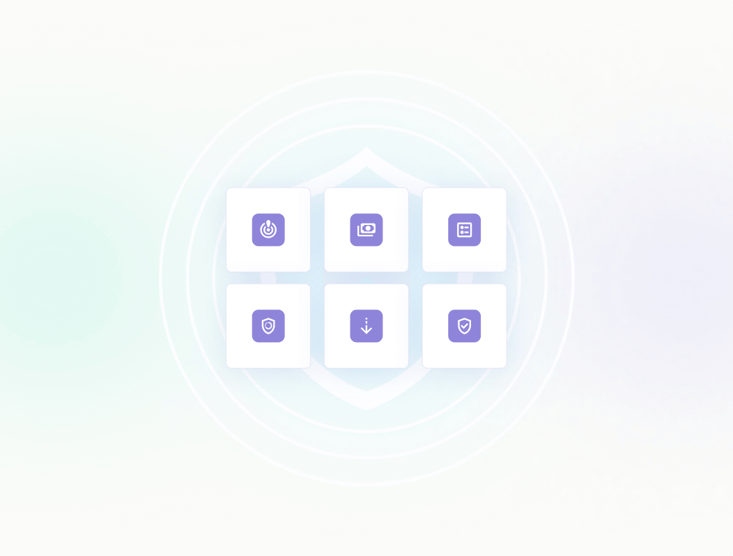 Illustrazione di uno scudo con all'interno sei icone relative alla sicurezza, circondate da cerchi concentrici. Le icone sono: alimentazione, carta d'identità, lista di controllo, scudo, download e blocco, che rappresentano i livelli di protezione digitale. 