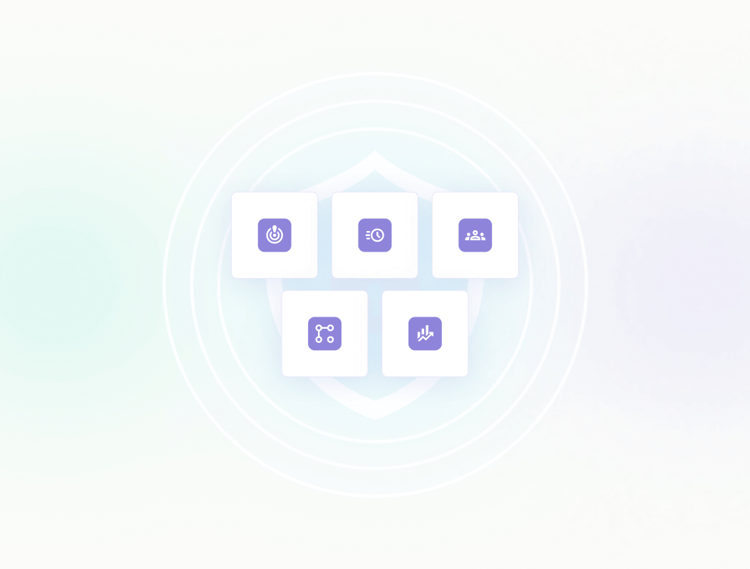 Five security icons inside a shield with concentric circles.